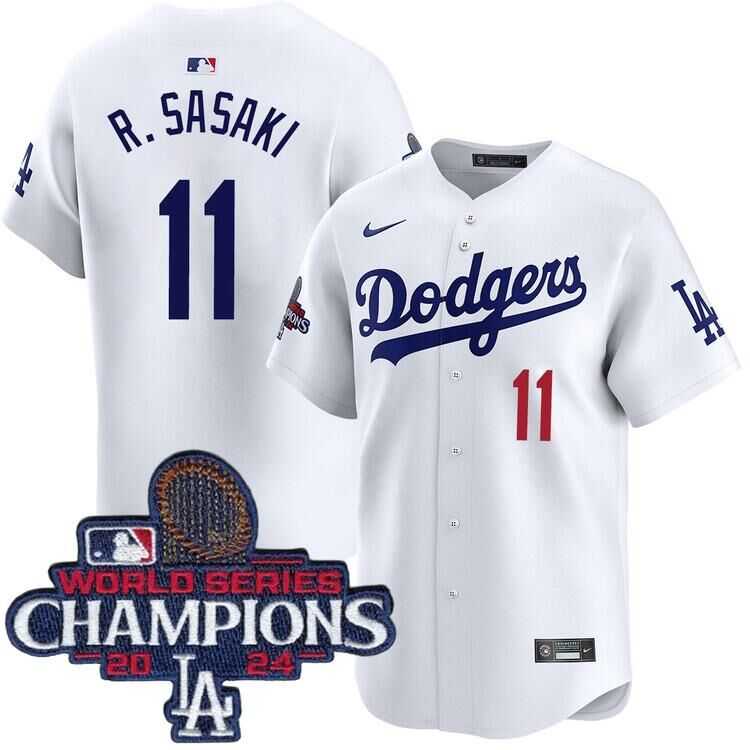 Mens Los Angeles Dodgers #11 Roki Sasaki White 2024 World Series Champions Home Limited Stitched Jersey Dzhi